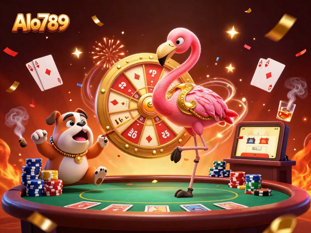 Experience Alo789 excitement with a vibrant casino scene featuring lively characters and dynamic elements.
