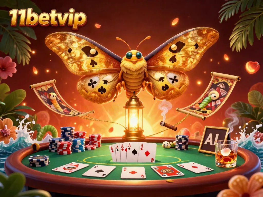 Experience exhilarating games at 11betvip with a vibrant casino scene featuring a golden-winged moth and poker elements.