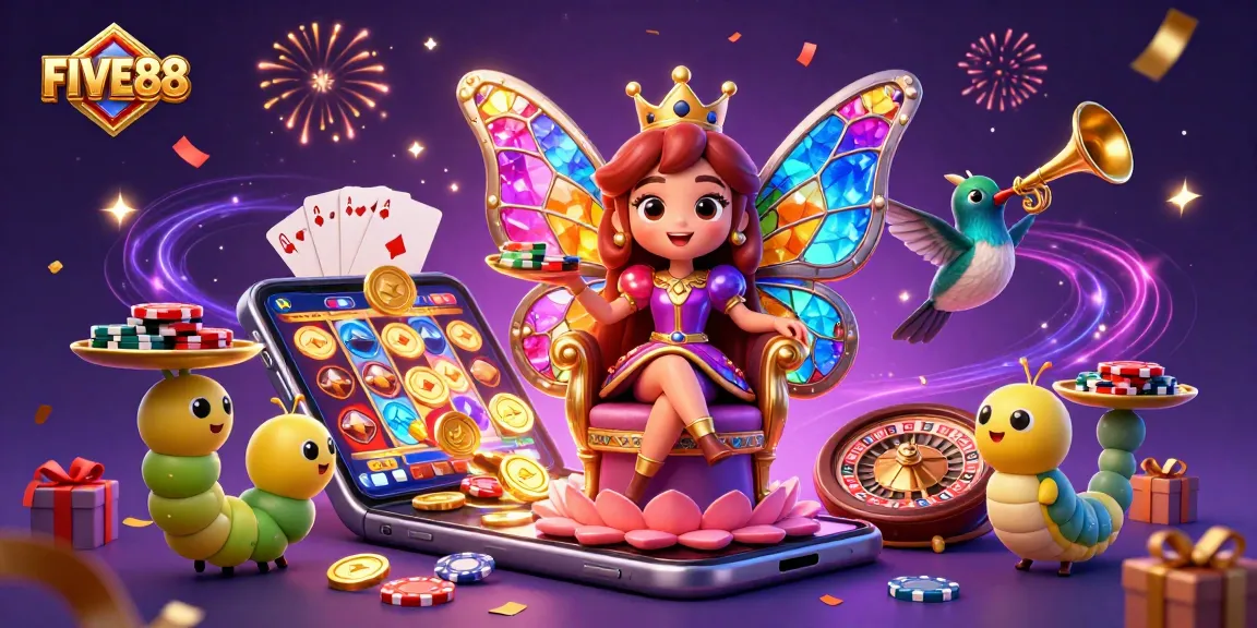 Experience the vibrant energy of FIVE88 with a butterfly queen in a dynamic casino scene.