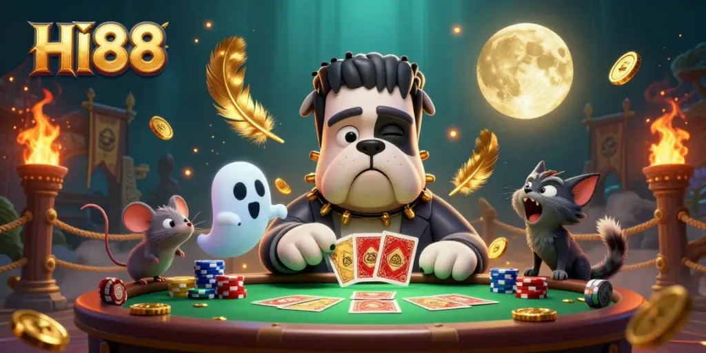 HI88 casino illustration featuring a Frankenstein bulldog monster dealing cards amidst gold coins and dramatic effects.
