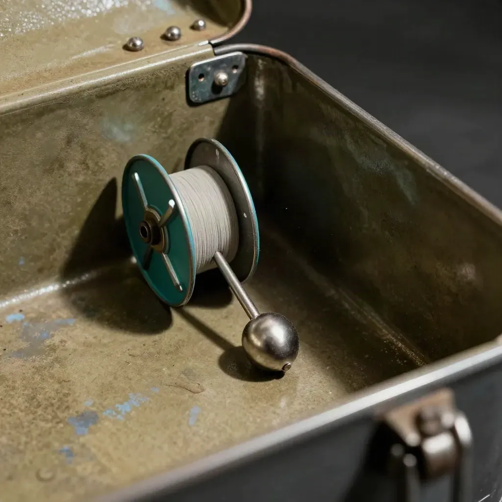 Plumb bob, krijtlijn en hoekbeugels in een gereedschapskist, dramatisch belicht.