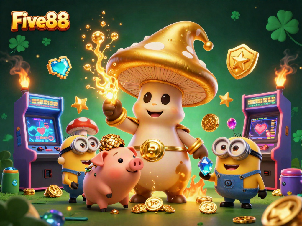 Experience the thrill of Five88 gaming with vibrant magic and colorful arcade elements amidst a rich casino scene.