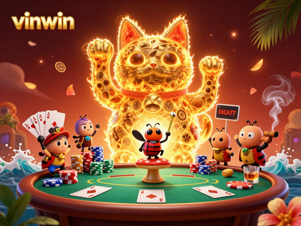Experience the thrilling atmosphere of vinwin with a lucky cat illustration in vivid casino colors.