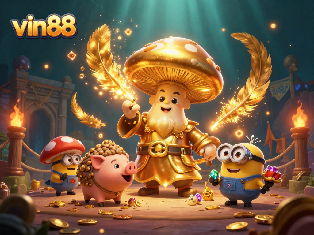 Win big with vin88 at a vibrant 3D casino featuring enchanting characters and magical treasures.