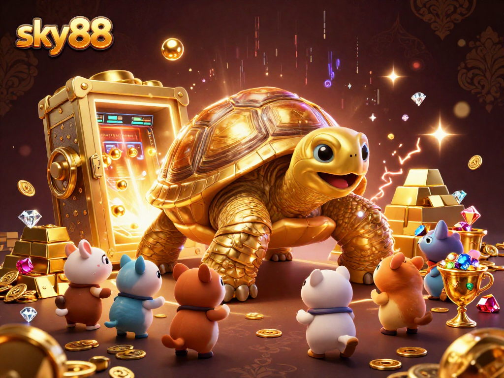 Experience thrilling matches at sky88 as the colossal golden tortoise presents a vibrant casino scene full of treasures.