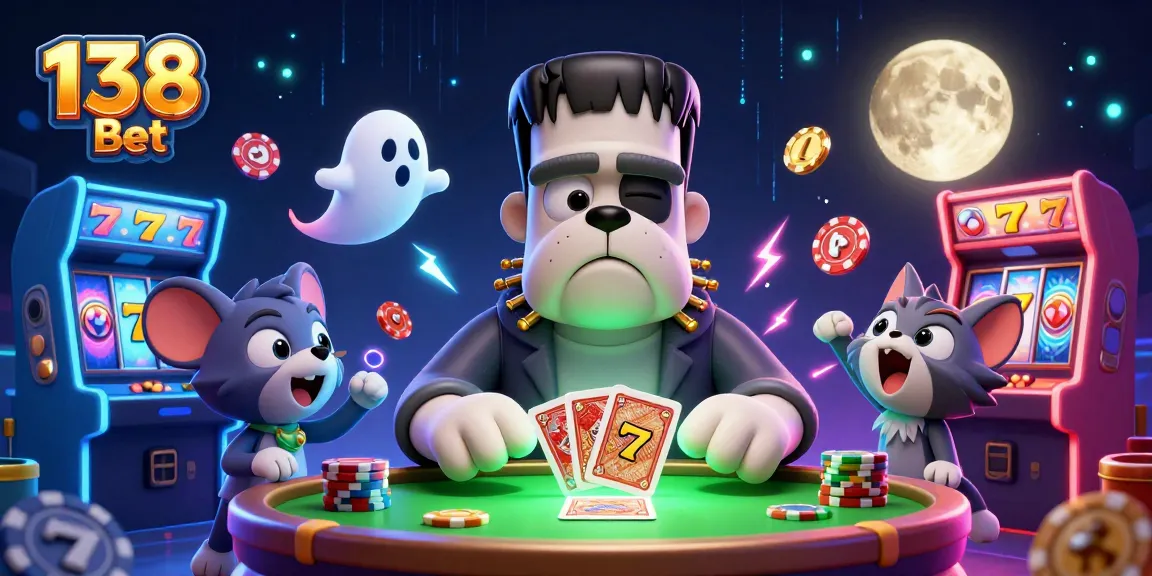 Experience the excitement of 138 Bet with a lively scene featuring cartoon characters and classic casino elements, all animated.