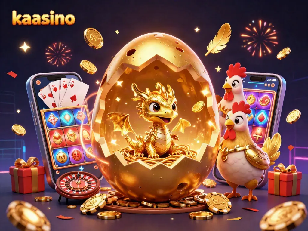 Kaasino showcases a golden dragon emerging from poker chips with dynamic slots and casino elements swirling around.