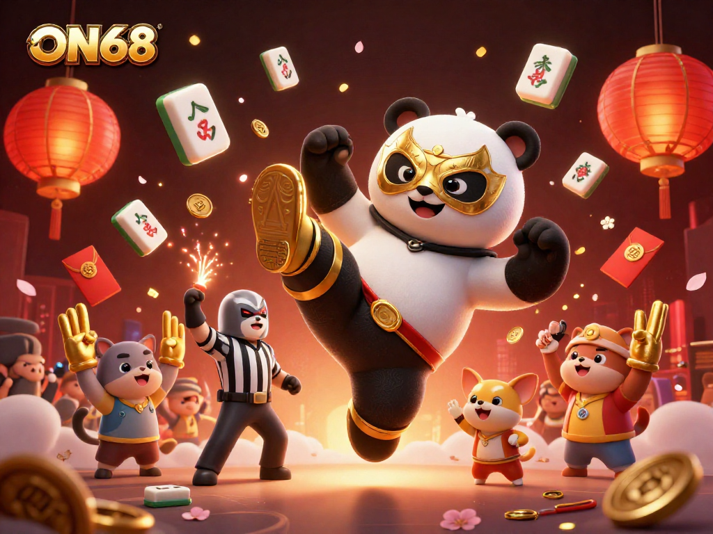 ON68 showcases a vibrant 3D scene with a wrestler panda kicking and animals cheering in a casino environment.