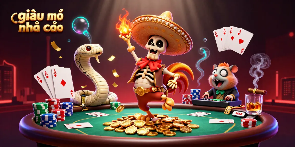 Experience the excitement at giải mã nhà cái with a lively cartoon illustration of unique casino characters surrounded by poker elements.