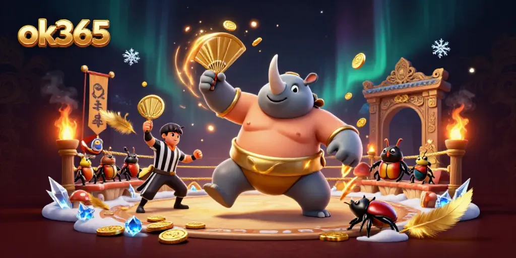 Experience thrilling action at ok365 with a dynamic 3D sumo beetle champion surrounded by gold coins and excitement.