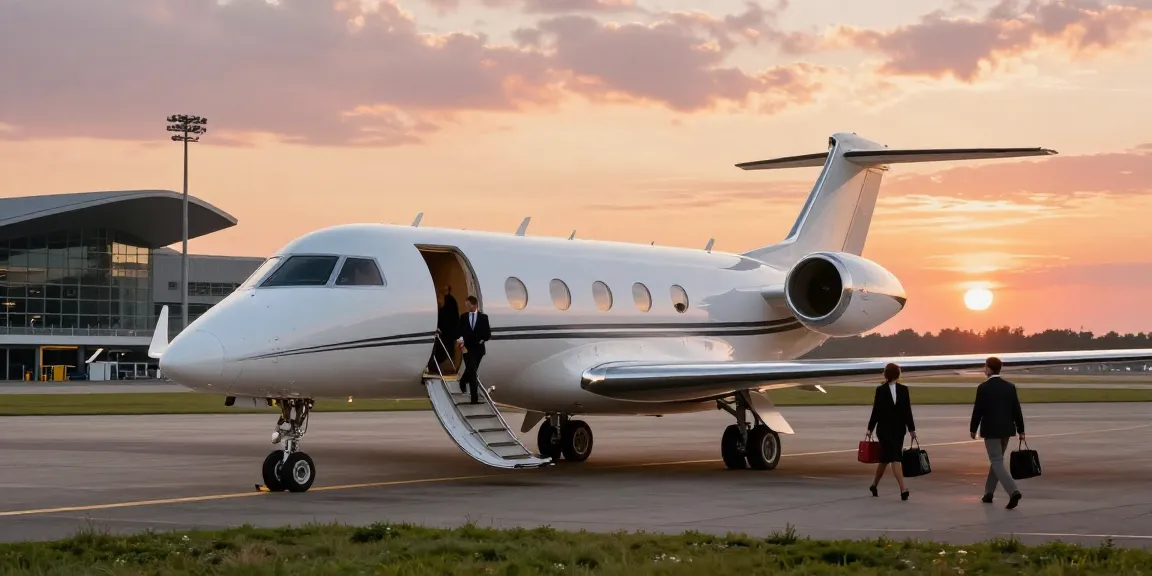 Private jet rental Amsterdam showcased at sunset with passengers boarding at Schiphol Airport.