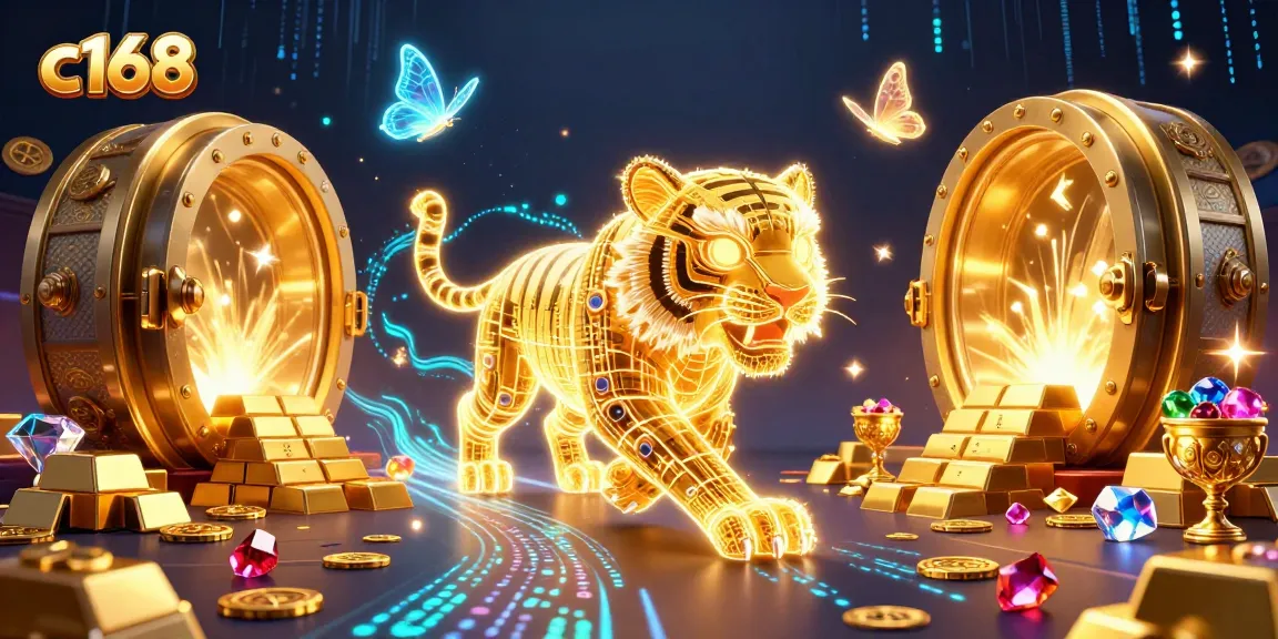 Win big at c168 with the neon tiger amidst treasure in a vibrant casino atmosphere.