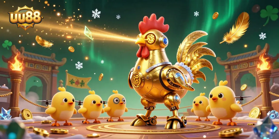 Engage with the thrilling gambling experience at uu88 with the golden rooster robot and baby chick drones.