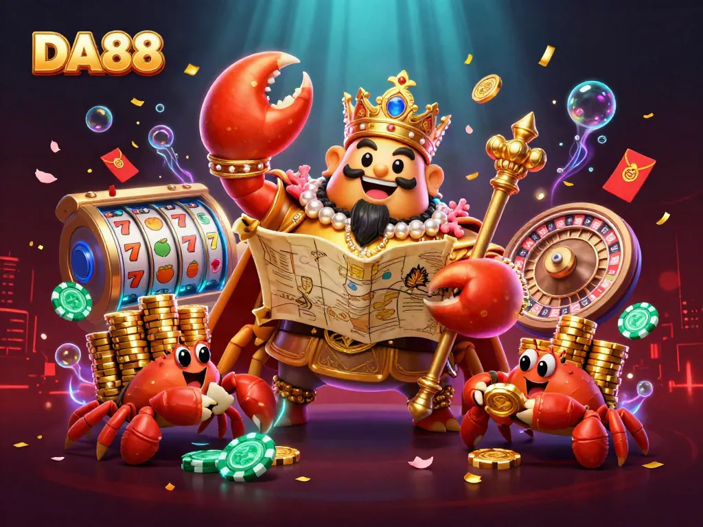 Engage with DA88 as the golden crab emperor rules over a casino kingdom filled with vibrant slot reels and chips.