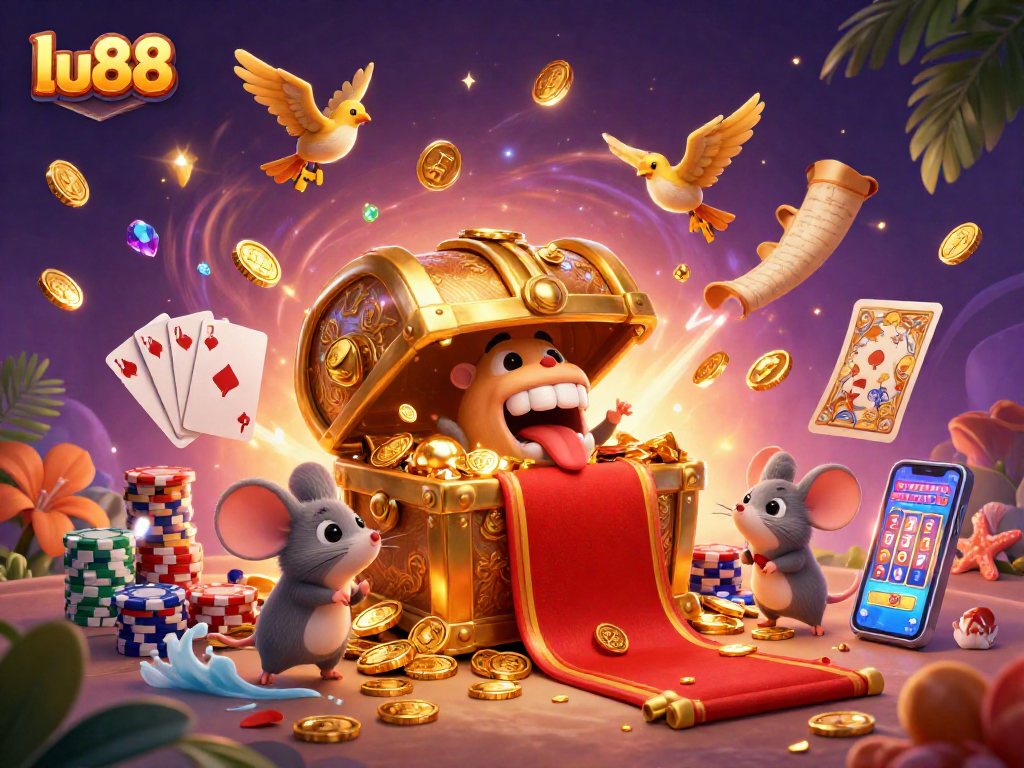 Engage with the thrilling lu88 casino experience, featuring a treasure chest and vibrant gaming elements.