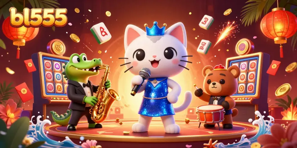 Experience bl555's casino thrills with vibrant 3D characters and golden winnings in a dynamic gaming scene.