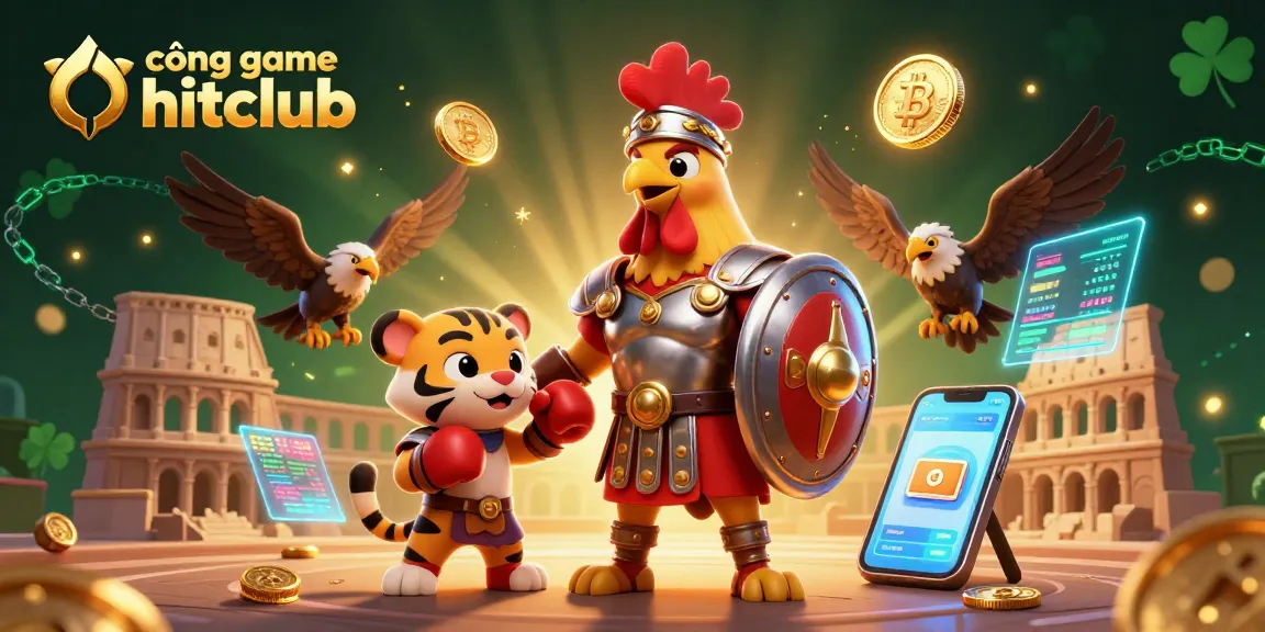 Engage in thrilling adventures at cổng game hitclub with a vibrant 3D illustration of a gladiator rooster and more.