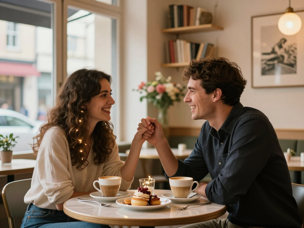 F168 dating scene in a cozy café showcasing couple enjoying intimate conversation over coffee.