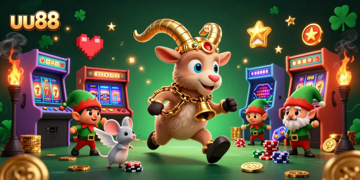 uu88 offers an exciting gaming experience with a lively scene of a Krampus goat and elves stealing poker chips in a vibrant casino.