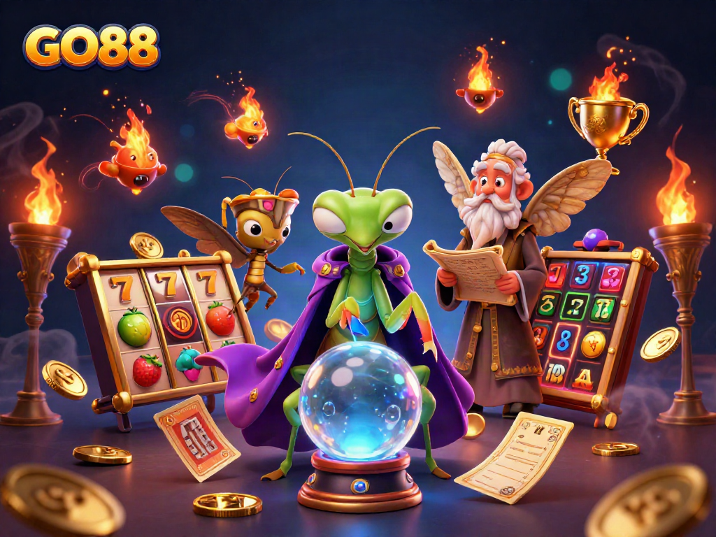 Experience GO88's thrilling spins with vibrant slot reels and a whimsical fortune teller.