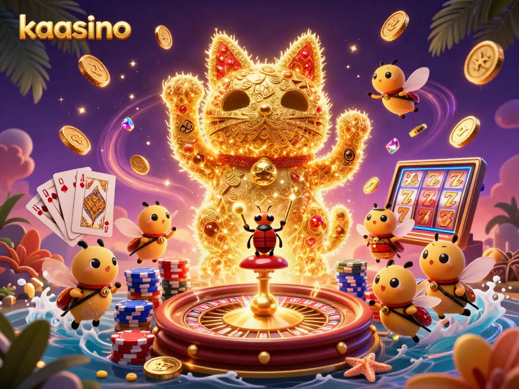 Engage with kaasino's vibrant 3D illustration full of casino symbols, lucky cat, and colorful gaming elements.