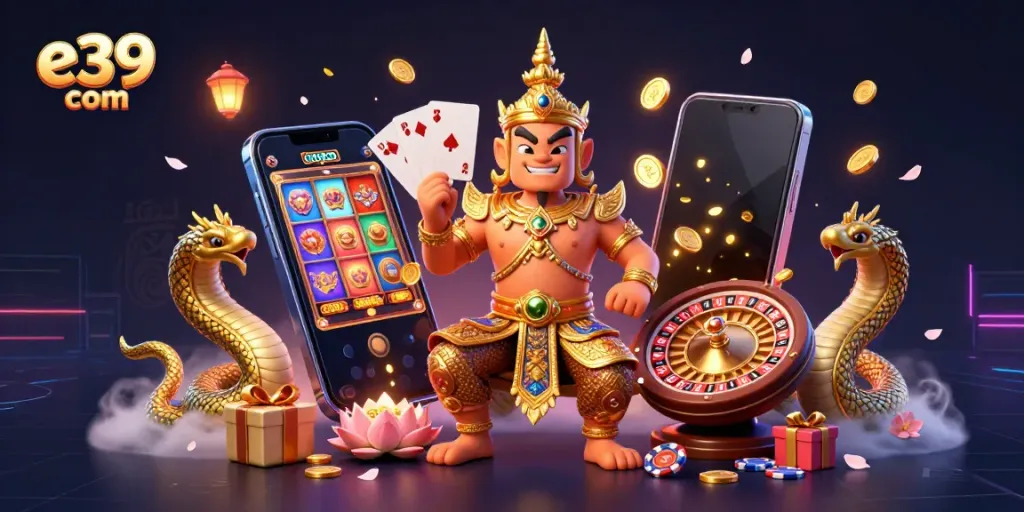 Engage with thrilling games at e39 com featuring 3D characters, vibrant slots, and festive elements.