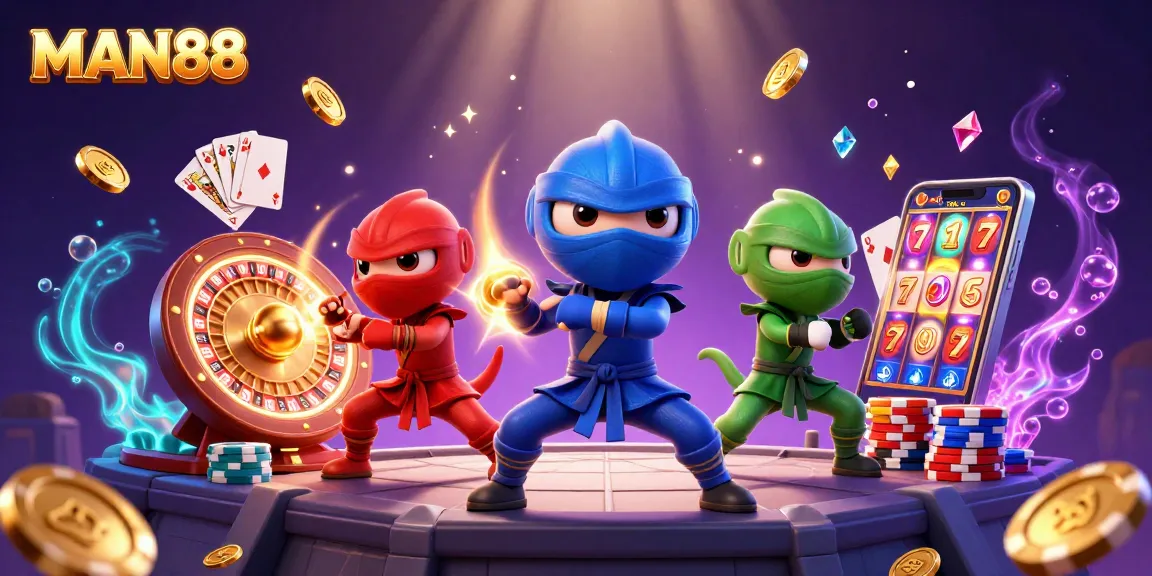 Engaging scene of MAN88 with ninja chameleons showcasing synchronized moves alongside dazzling casino elements.