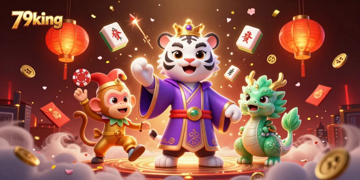 Engage with 79king in an enchanting 3D casino scene featuring a royal tiger, playful monkey, and jade dragon.