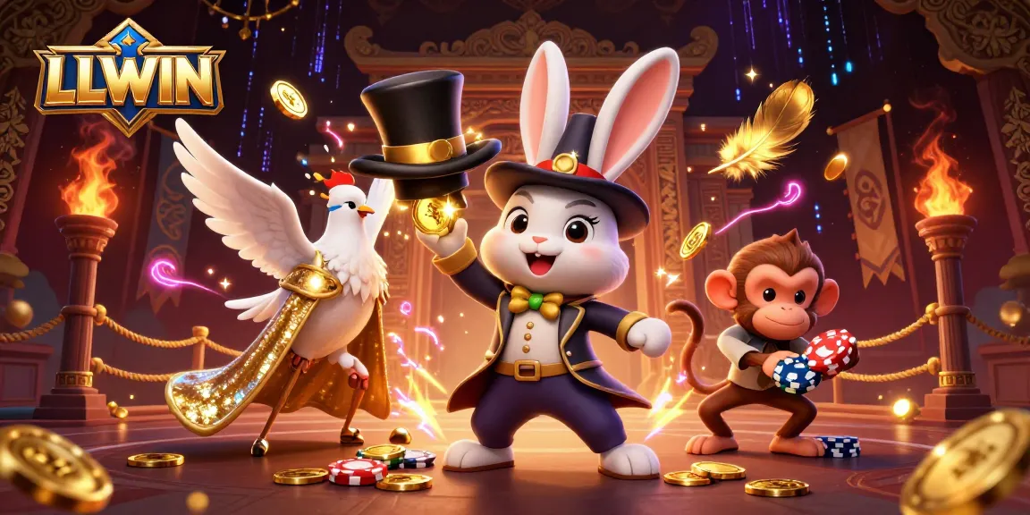 LLWIN showcases a magician rabbit, a dove, and a monkey amidst a vibrant casino atmosphere.
