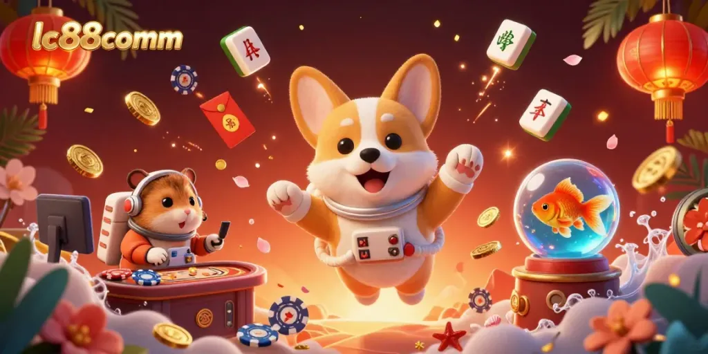 Experience the thrill of winning at lc88comm with a whimsical scene featuring a floating corgi in a space casino.