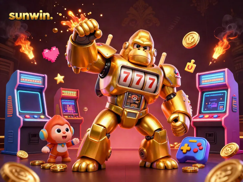 Experience thrilling gameplay and win big with sunwin. in a vibrant casino scene featuring a gorilla mech and explosive coins.
