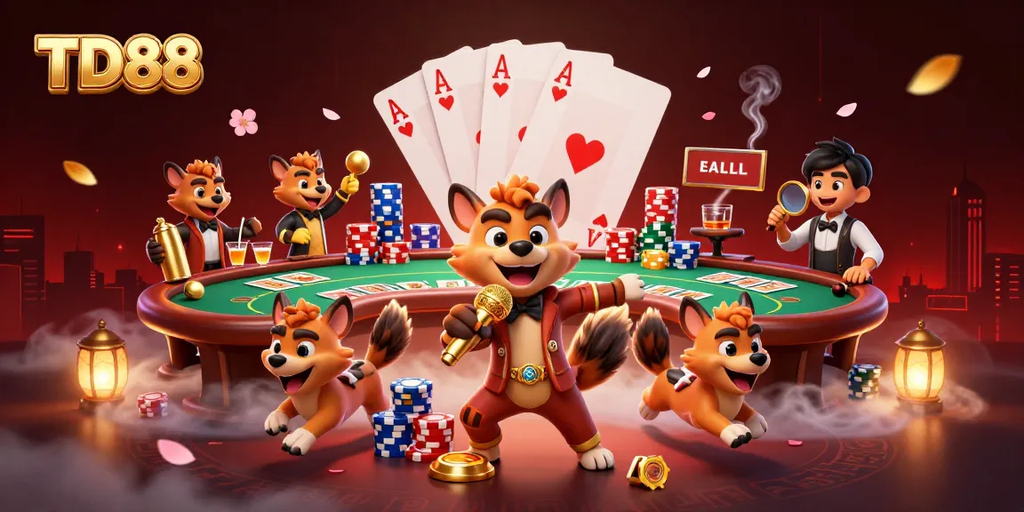 TD88 showcases a lively 3D casino scene featuring hyenas in various roles, enhancing the gaming experience.