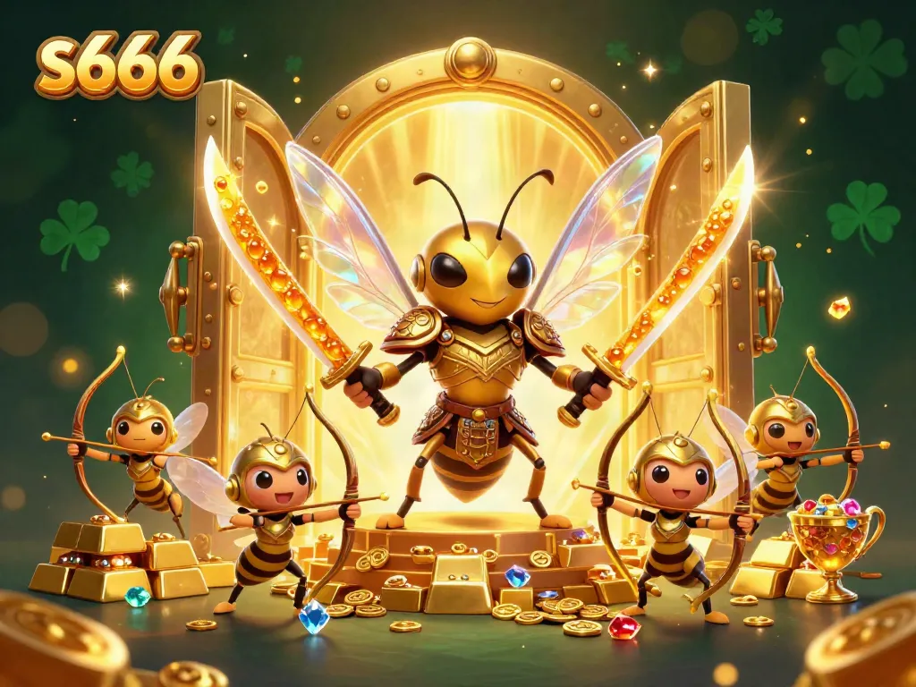 S666 casino reveals a dynamic scene showcasing a golden hornet warrior and bee archers amidst gleaming treasure, representing thrilling gaming.
