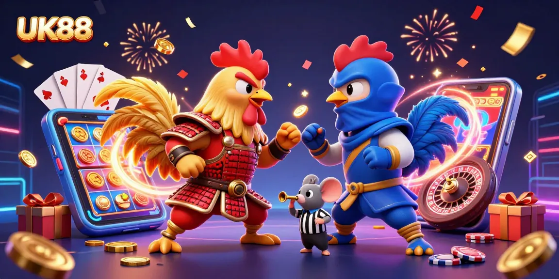 UK88's captivating casino confrontation with fighting roosters in a colorful gaming scene.