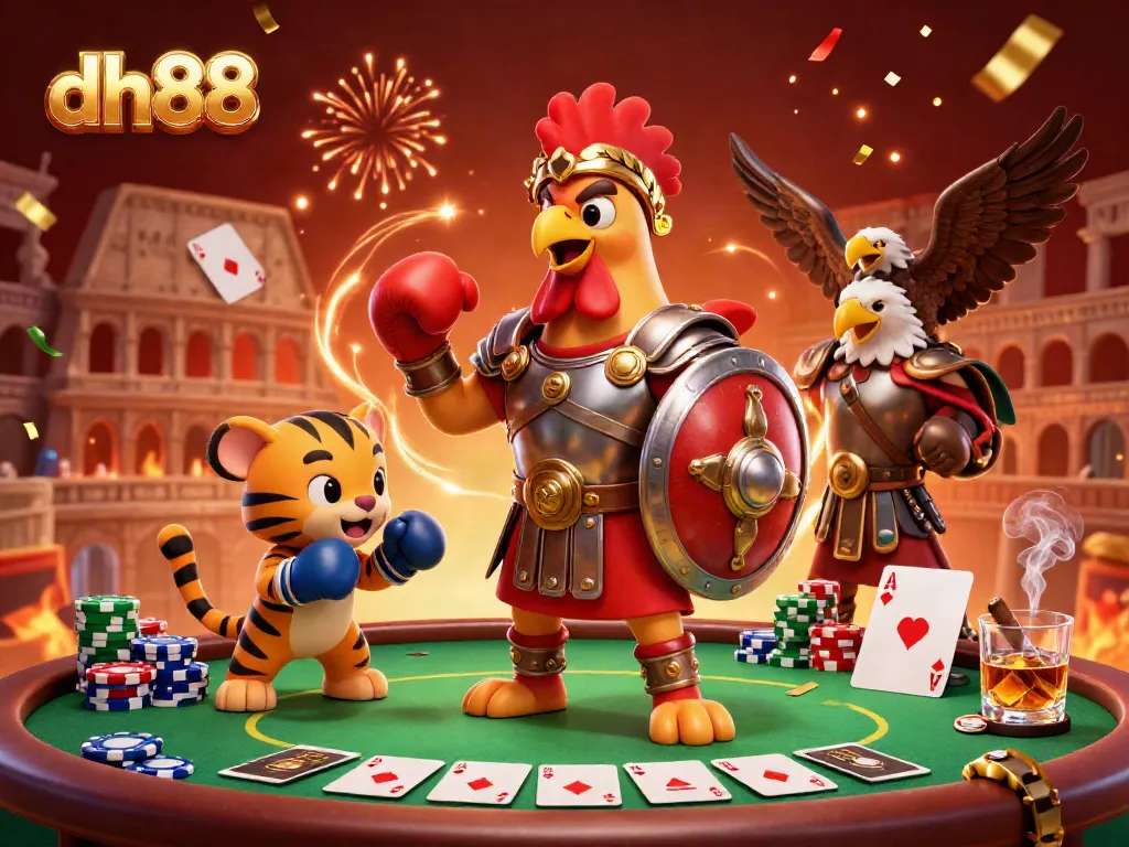 Engage in the thrill of dh88 poker with a vibrant 3D gladiator scene sparring amidst chips and cards.