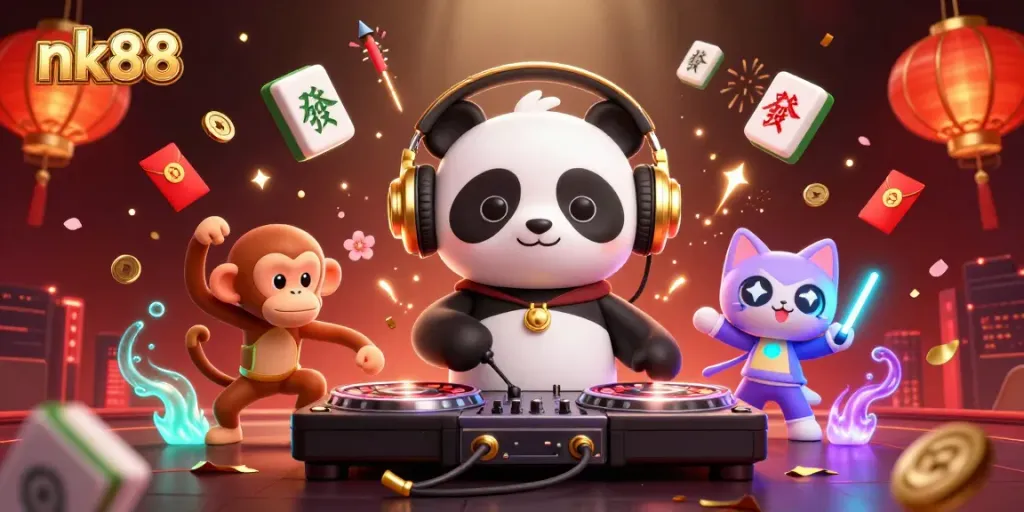 Engage with nk88’s thrilling games featuring a festive DJ panda, lively monkey, and rave kitty.