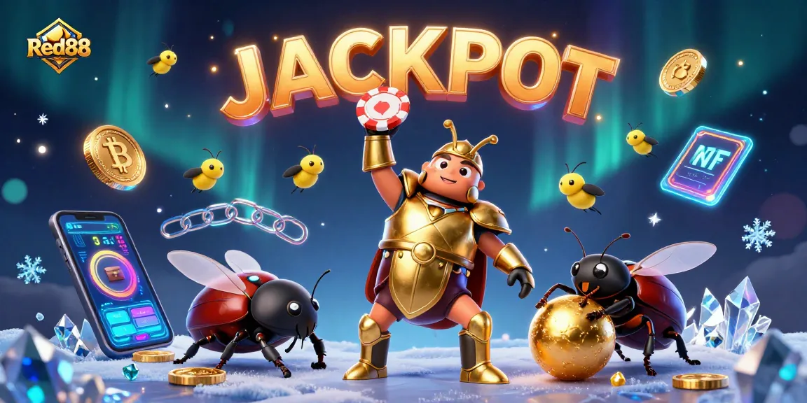 Win big with Red88 in an electrifying casino scene featuring vibrant characters and dynamic crypto elements.