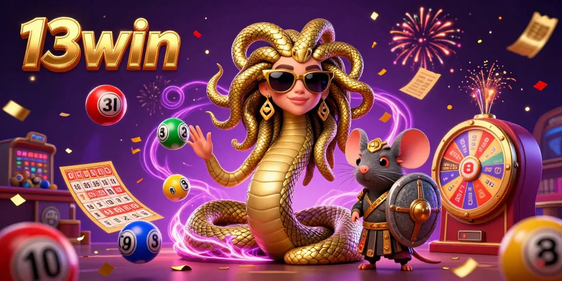 Join the excitement at 13win with vibrant lottery balls and golden tickets flying in a festive casino scene.