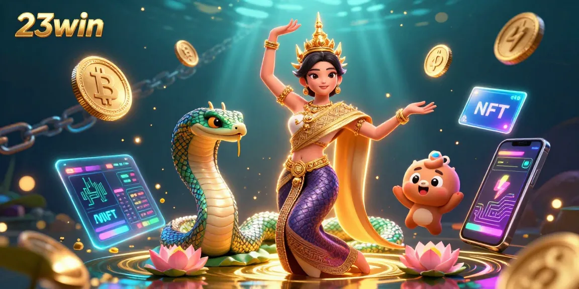 Play games at 23win with vibrant visuals featuring Thai culture and crypto elements.