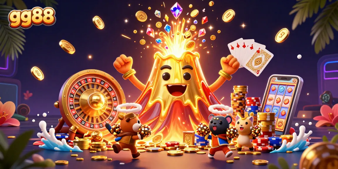 Spin the reels and win big with GG88's vibrant casino adventure illustration, featuring treasures galore.