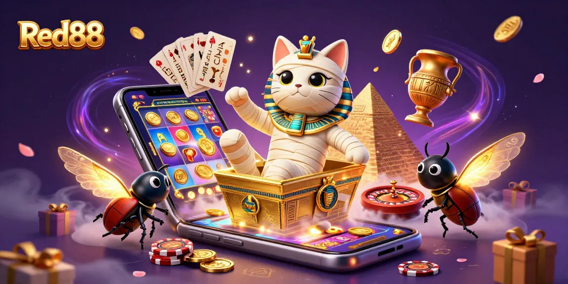 Engage in gaming excitement with Red88 as a vibrant Egyptian mummy cat emerges from a golden sarcophagus.