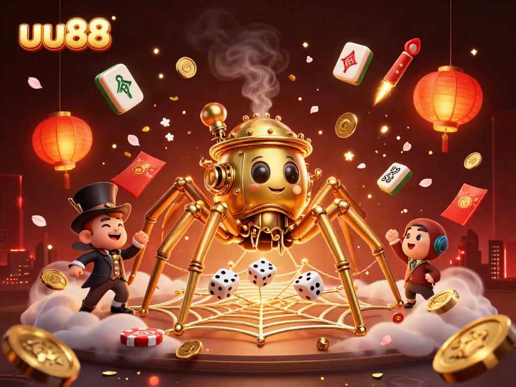 Engage in casino excitement with uu88, featuring a vibrant 3D spider capturing dice amid rich gaming elements.