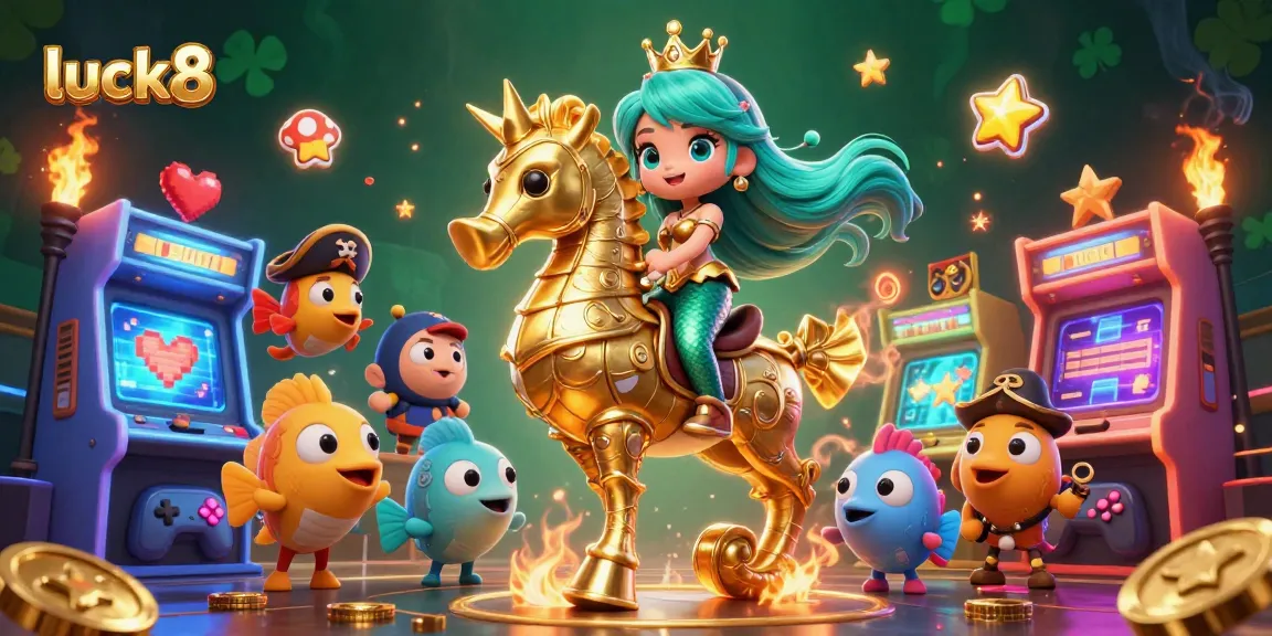 Experience luck8's thrilling casino adventure featuring a mermaid and giant seahorse in a vibrant 3D scene.