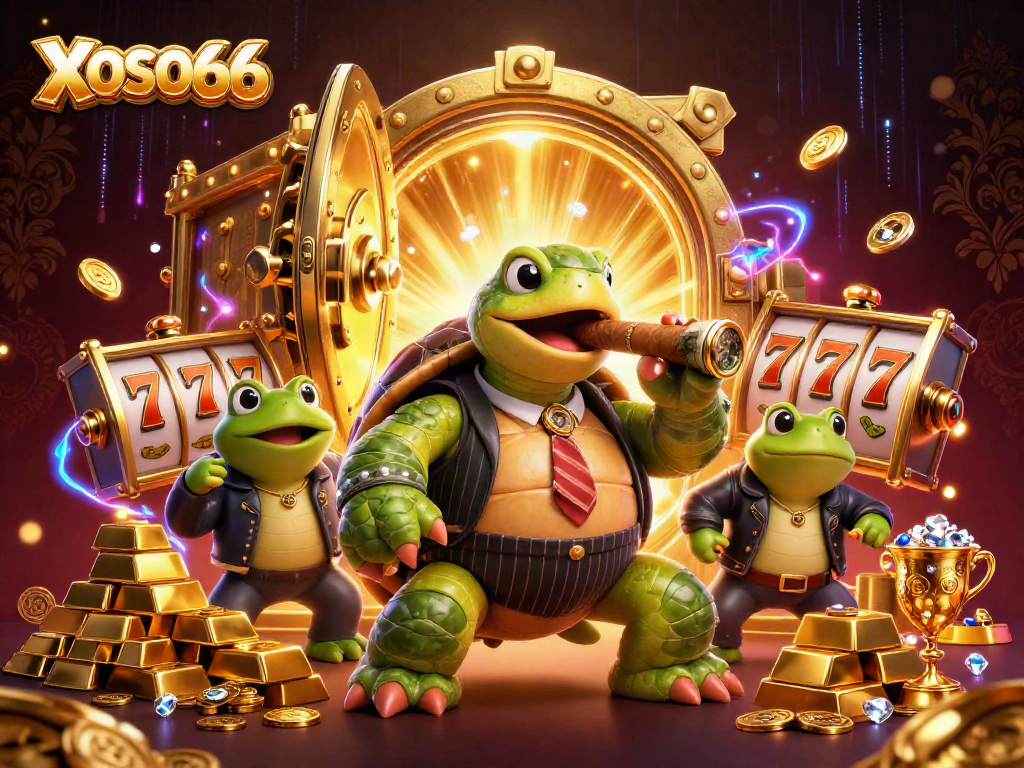 XOSO66 casino scene featuring a turtle mobster and bullfrog enforcers at a jackpot.