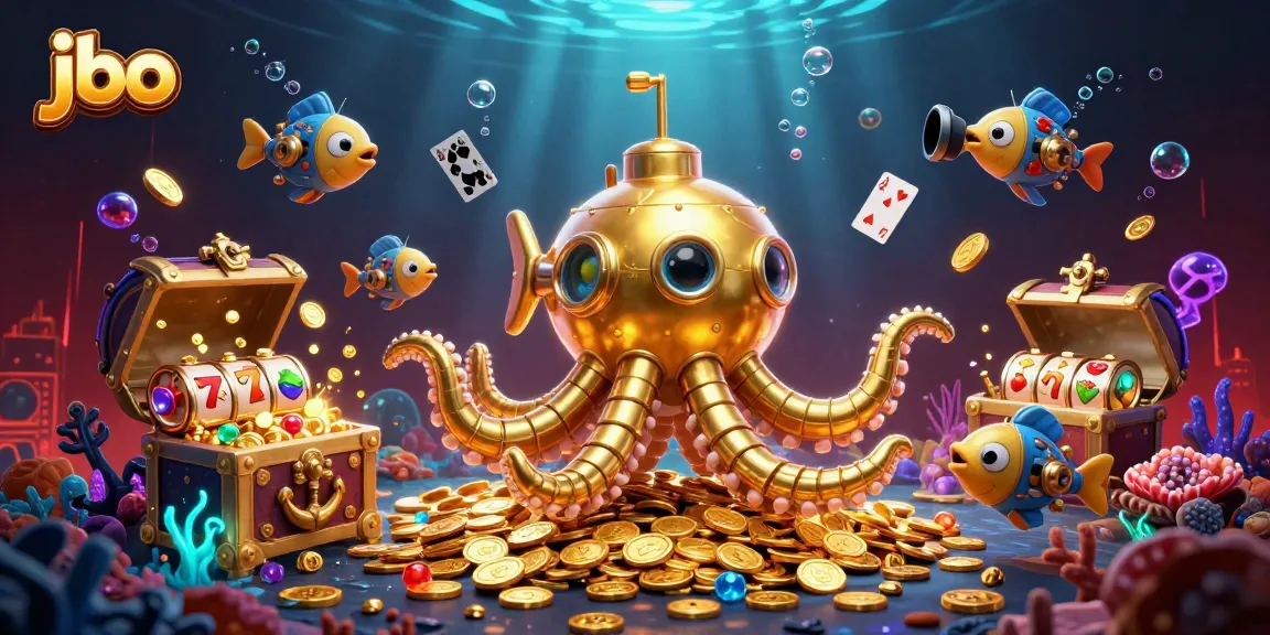 Experience thrilling gameplay with JBO's 3D kraken submarine amid golden coins and slot symbols.