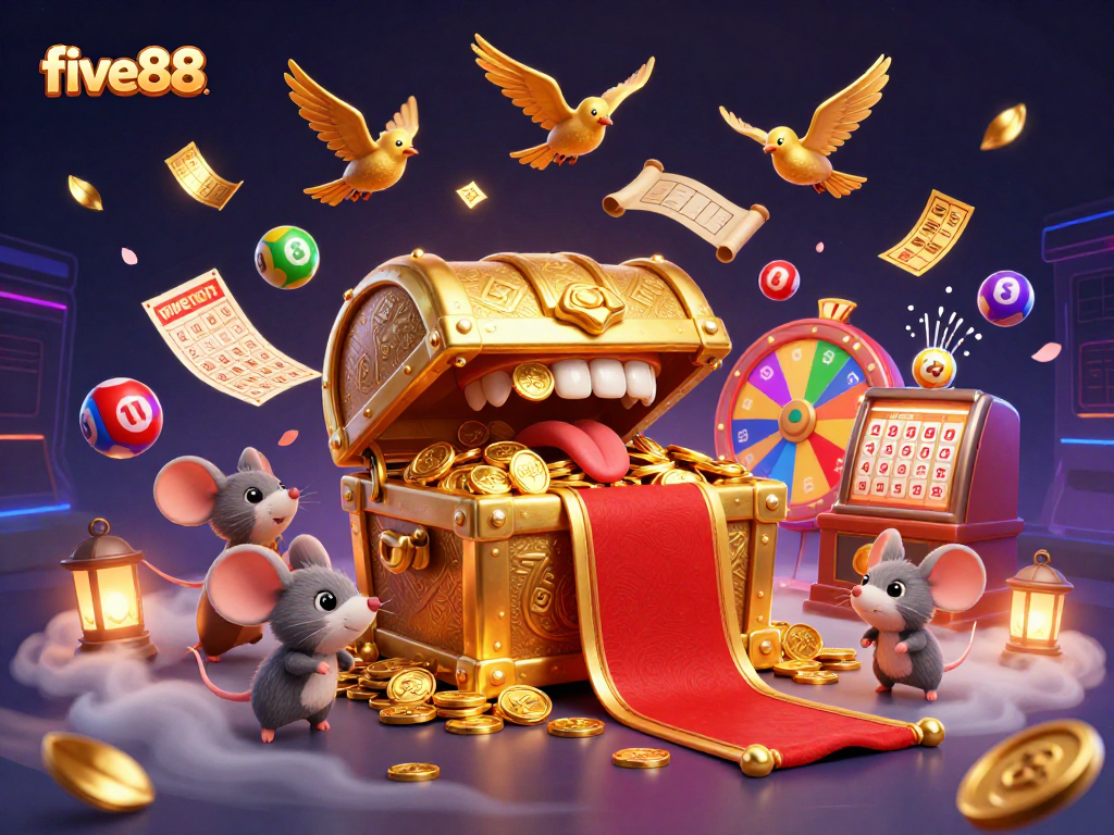 Engage in the exciting world of five88 with a vibrant 3D illustration of casino games and thrilling prizes.