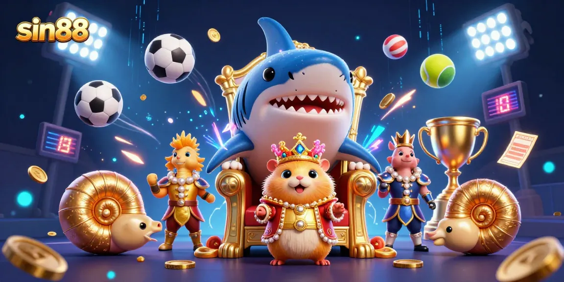 Join the sin88 experience with a majestic hamster king and thrilling sports betting elements in an engaging illustration.