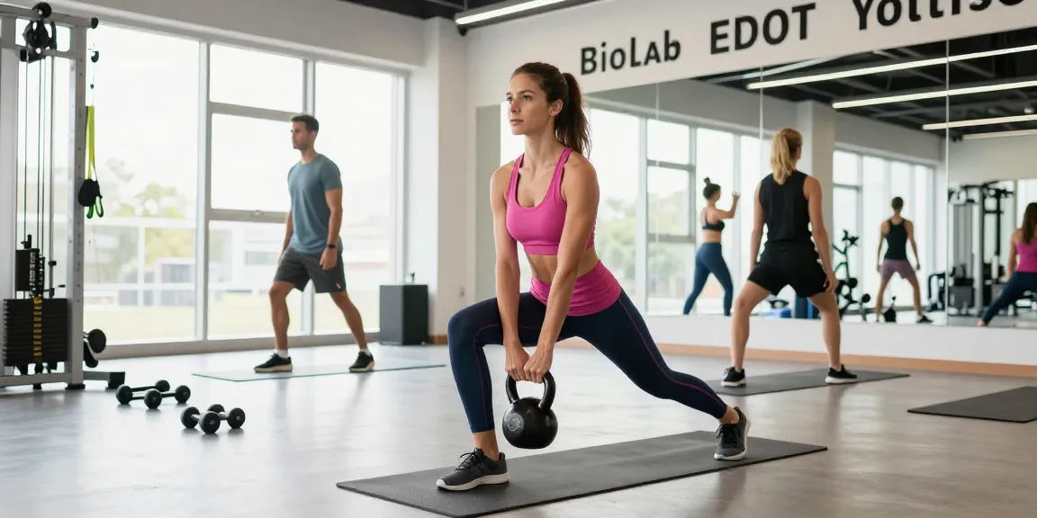 Active woman exercising with kettlebell at Biolab's featured gym, promoting fitness and health products.