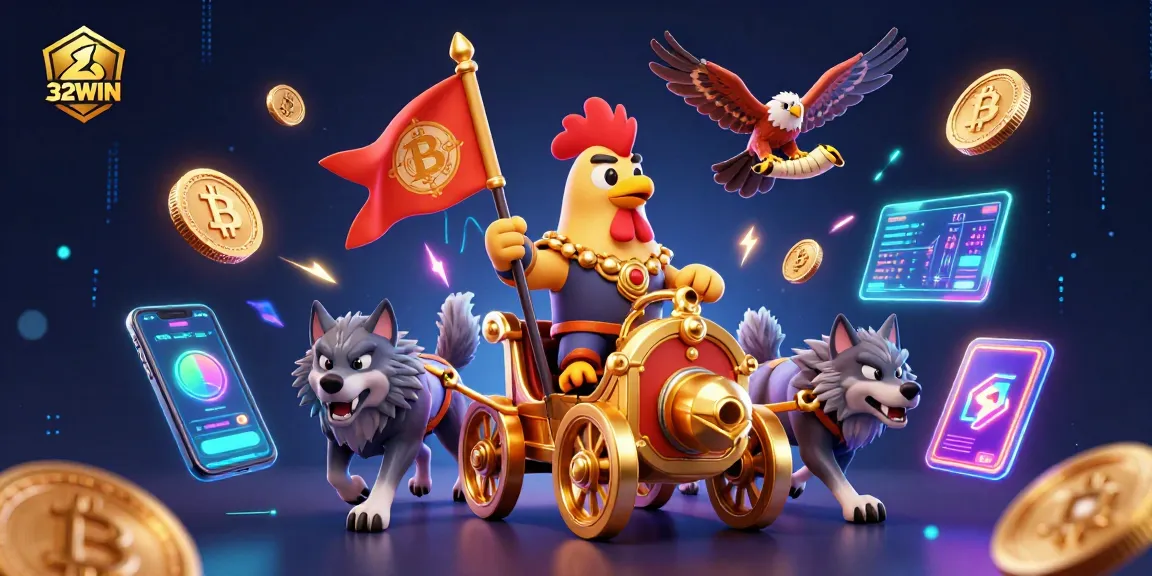 Engage with 32WIN's thrilling casino adventures illustrated by a warlord on a chariot amidst crypto elements.