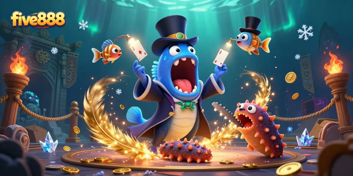Experience the exciting world of five888 with magical ocean characters engaging in card tricks.